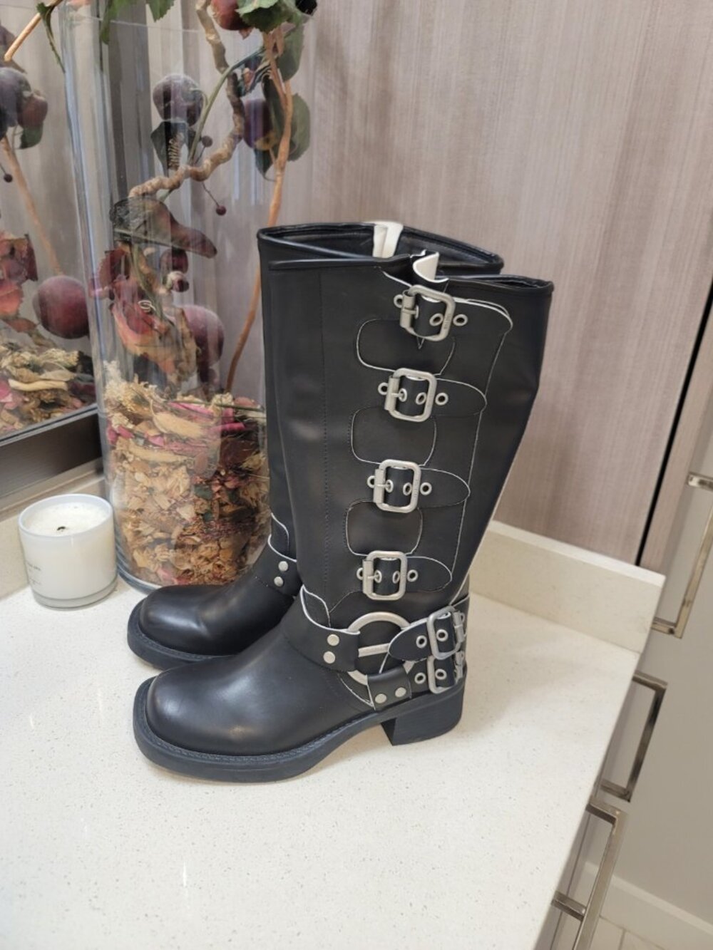 Miu Miu Biker Iconic Buckles Black Leather Knee Length Boots Size 37 - Picture 2 of 9